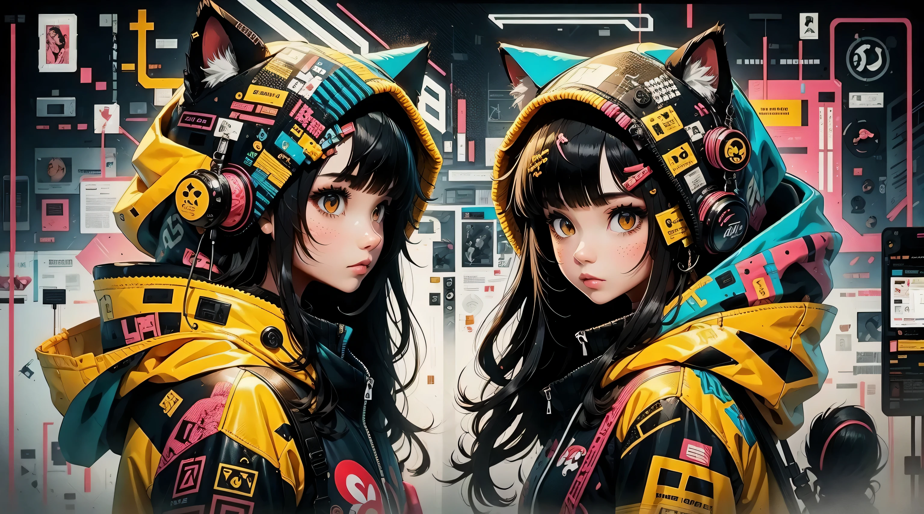 anime girl with black hair and a cat hat, anime style illustration, moe artstyle, wallpaper 8 k, digital illustration, beautiful catgirl, she wears a hoodie with animal ears and technowear technology, futuristic fashion in black and holographic colors, many details and buttons on it, cables coming out of the sleeves, the background is that of a  pattern with cat motifs and paws