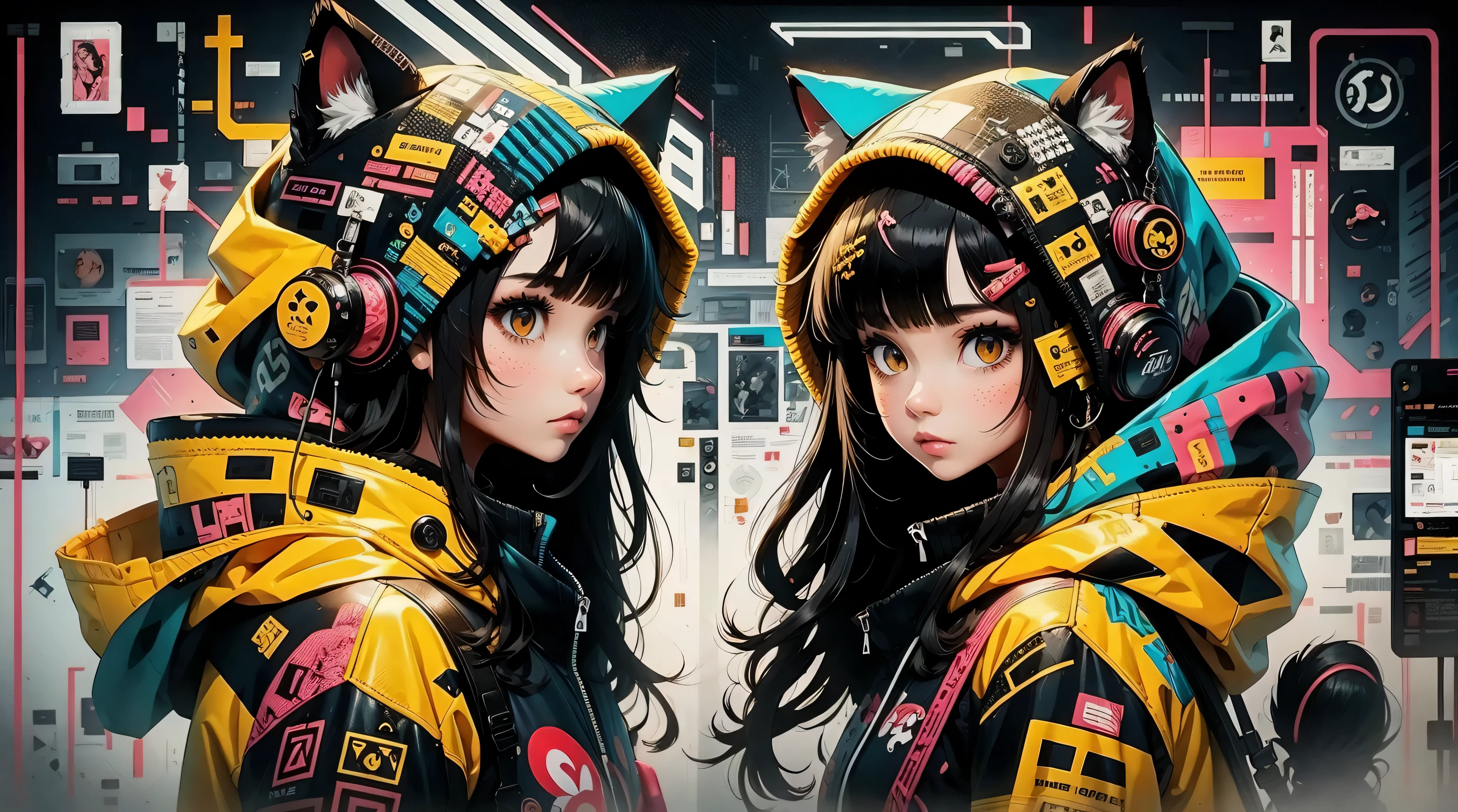 Chica anime con cabello negro y sombrero de gato., ilustración de estilo animado, Estilo artístico de Moe, fondo de pantalla 8k, Ilustración digital, hermosa chica gato, lleva una sudadera con capucha con orejas de animales y tecnología technowear, moda futurista en colores negros y holográficos, muchos detalles y botones en él, cables que salen de las mangas, el fondo es el de un patrón con motivos de gatos y patas