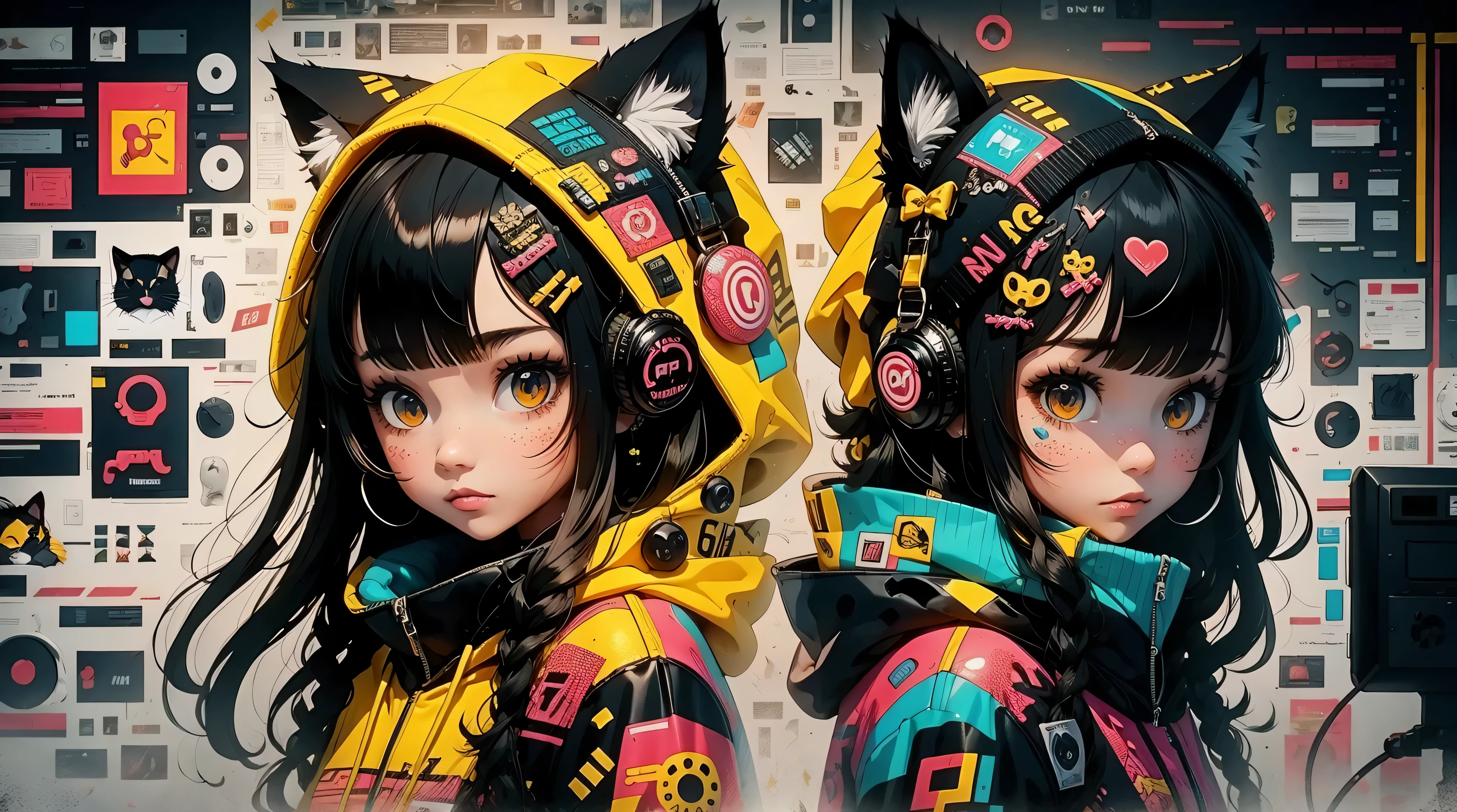 garota de anime com cabelo preto e chapéu de gato, ilustração de estilo anime, estilo de arte moe, papel de parede 8k, Ilustração digital, linda gatinha, ela usa um moletom com capuz com orelhas de animais e tecnologia technowear, moda futurista em cores pretas e holográficas, muitos detalhes e botões nele, cabos saindo das mangas, o fundo é um padrão com motivos e patas de gatos