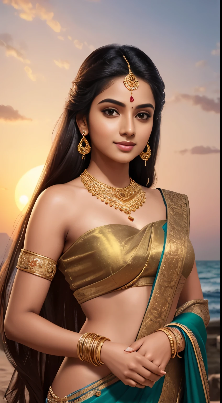 late evening scenario, photoshoot, beautiful 20 yo Tamil girl (shy smirk:1.4), facing the camera, in a black designer saree, golden half sleeve blouse, petticoat, leaning against a rock in the seashore, glowing flawless skin, holding saree mundhanai on her right hand above her head, showing front bodice round deep navel cleavage armpits, golden bangles, waist chain, gold pendant thin necklace, earrings, ponytail, show full body in the image, wide angle, long shot, meticulous detailing of face & eyes & nose & lips & anatomy & background, eyes symmetry, masterpiece, high quality, natural lighting cinematic effects, evening sky, vibrant colors, setting sun trees birds full moon people playing children in background, ornate, hyper maximalist, meticulous detailing of faces, hyper realistic background