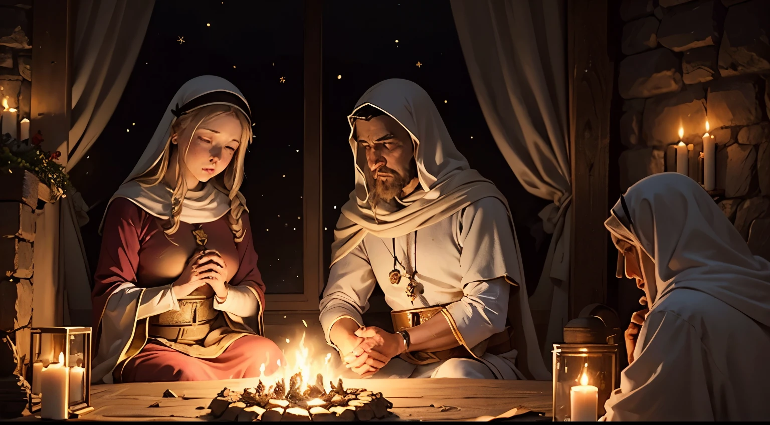 Visualizar, Si puedes,, una escena nocturna en Belén, donde el pesebre reposa bajo un cielo estrellado de indescriptible belleza. La madera envejecida del pesebre rezuma la historia de muchos años, testimoniando la sencillez con que acogió el nacimiento del Salvador.

La suave luz de la estrella de Belén cae graciosamente sobre la escena., iluminando el rostro sereno de María. Sus ojos rebosan de amor mientras sostiene suavemente a Jesús recién nacido., cuyo rostro revela la sabiduría divina incluso en los primeros momentos de la vida.

En el lado, José observa con humildad y respeto., con rasgos iluminados por la luz celestial. Pastores, atraído por el evento divino, arrodillarse en reverencia, mientras ángeles invisibles flotan en el aire, presenciando el milagro con alegría y celebración silenciosa.

Cada detalle de esta imagen transmite lo sagrado del momento., Capturando la belleza de la sencillez que rodeó el nacimiento del Salvador.. Es una visión de paz y adoración que resuena a través de los siglos., tocando los corazones de quienes contemplan la escena.