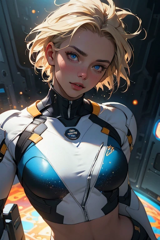 Highly detailed RAW color photo, beautiful young woman, short blonde hair, dynamic pose, (wide hips), (detailed skin:1.1), (detailed lips:1.1), , breastapart, (detailed eyes:1.1), (cosmic: 1.4), (necropolis: 1.1), (Science fiction setting) (detailed face), (curvy), white clothing, detailed eyes, chromatic aberration, depth of field, smooth lighting, masterpiece, best quality, intricaens reflection: 0.7), (flowering: 0.7), particle effects, ray tracing, tone mapping,  highly detailed, conceptual art, smooth, focus sharp, dramatic illumination, highly detailed art, cinematic, hyper-realistic painting, trend on Artstation, 8K, incredible shadows, realistic, (highly detailed background: 1.2), mid-journey art