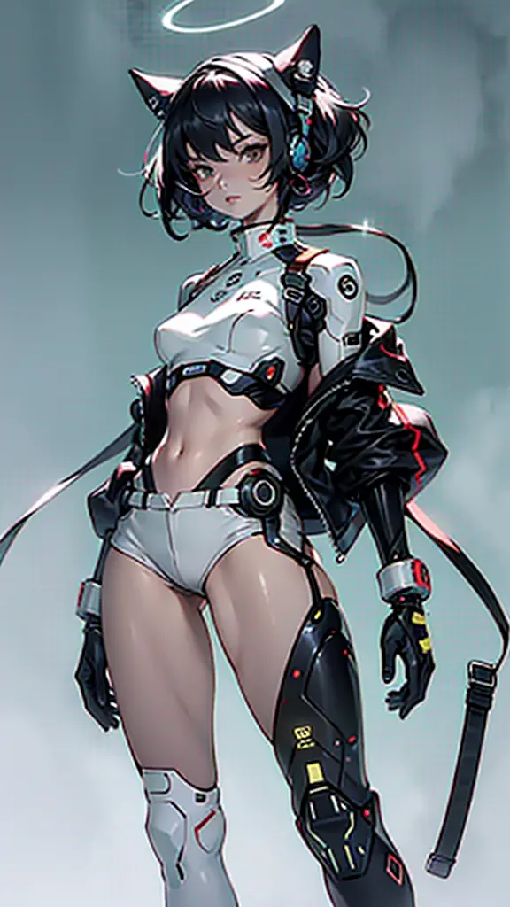 Woman body defined thick thighs cybernetic body parts, short underwear