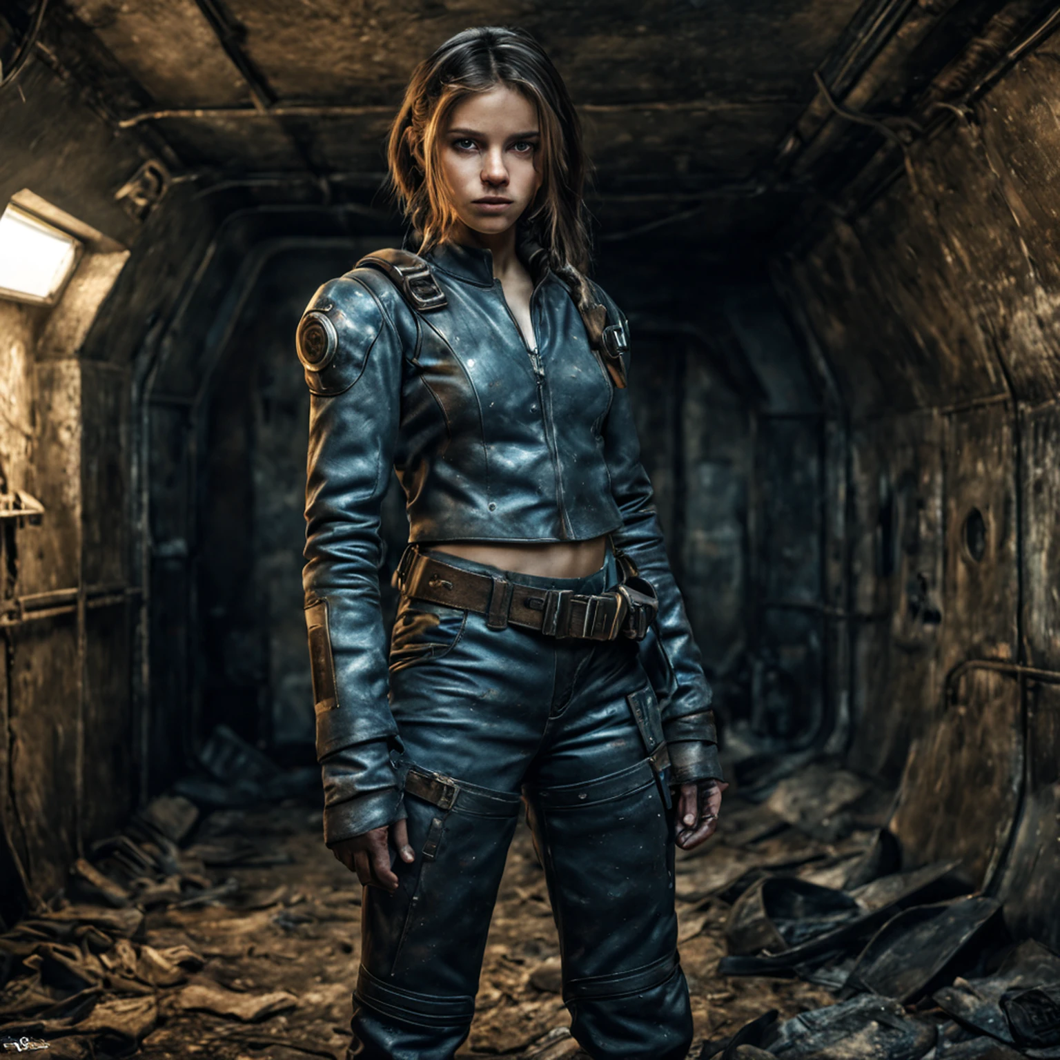 Create a highly detailed image featuring a ((((fantasy, hyper realism, of a 14 year old girl - SandraO))) dressed in a vaultsuit from the game 'fallout', in a post apocalyptic steel bunker , HDR techniques to create a visually stunning and cinematic effect. masterpiece, hyper realistic, ultra detailed, high quality, best quality, 4k, 8k, hi resolution,