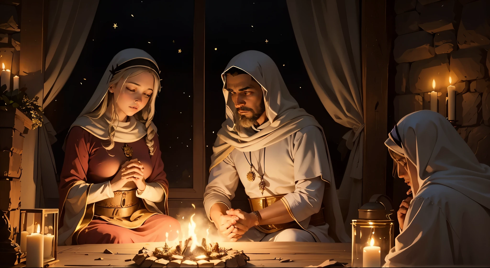 visualizar, se puder, a night scene in Belém, where the manger rests under a starry sky of indescribable beauty. The aged wood of the manger exudes the history of many years, testemunhando a simplicidade que acolheu o nascimento de Salvador.

The soft light of the star of Bethlehem falls gracefully over the scene, iluminando o rosto sereno de Maria. Her eyes overflow with love as she gently holds newborn Jesus, cujo rosto revela a sabedoria divina nos primeiros momentos de vida.

ao lado, José observes with humility and respect, with features illuminated by celestial light. Pastores, attracted by the divine , kneel in reverence, while invisible angels hover in the air, witnessing the miracle with joy and silent celebration.

Cada detalhe desta imagem transmite a sacralidade do momento, capturando a beleza da simplicidade que cercou o nascimento de Salvador. It is a vision of peace and worship that resonates through the centuries, touching the hearts of those who contemplate the scene. melhor quality. orando de olhos fechados.