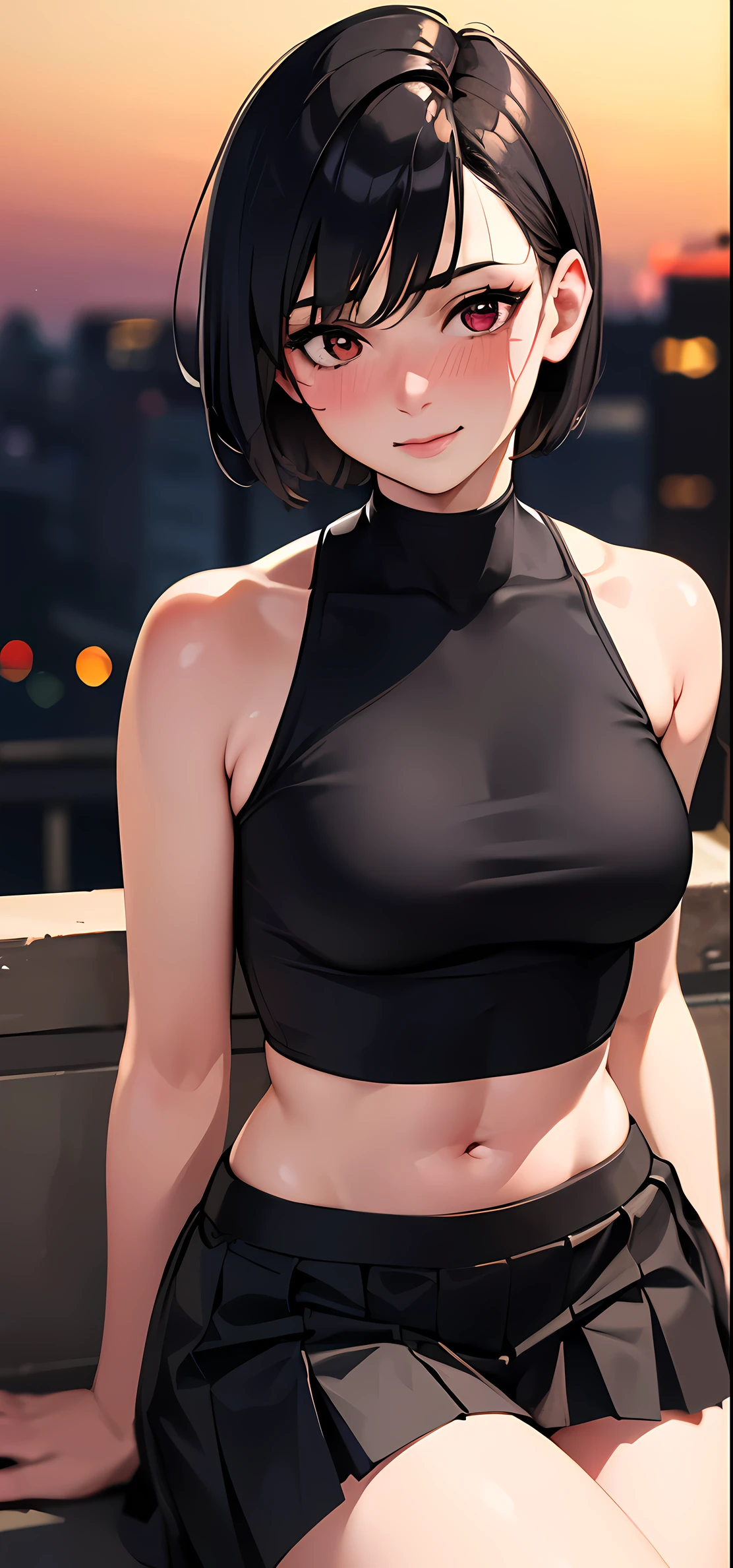 Anime girl in black top and skirt sitting on a ledge - SeaArt AI