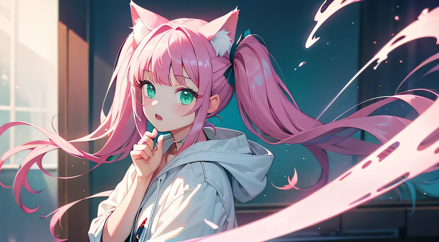 Best Quality, Masterpiece, High Resolution, teenage girl, pink hair, long hair, two pigtails, cat ears, white shirt, white hoodie, turquoise green eyes, one canine tooth