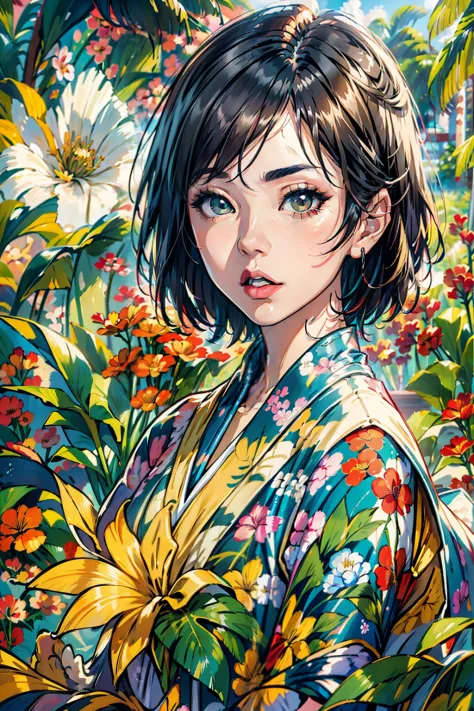 Create digital artwork in pop art style, Featuring beautiful Japanese actresses with vibrancy and confidence、short-haired、Wearin...