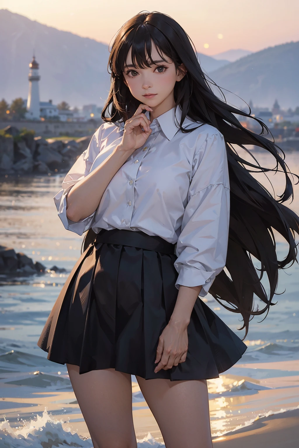 (FULL BODYSHOT、an oil painting、​masterpiece、top-quality、hight resolution、Dark hair、Super long hair、Bangs are aligned、good mood、Blue shirt、Black skirt、Sweaty skin、Sunset sky、Thick、I can see the lighthouse、In the streets of Finland