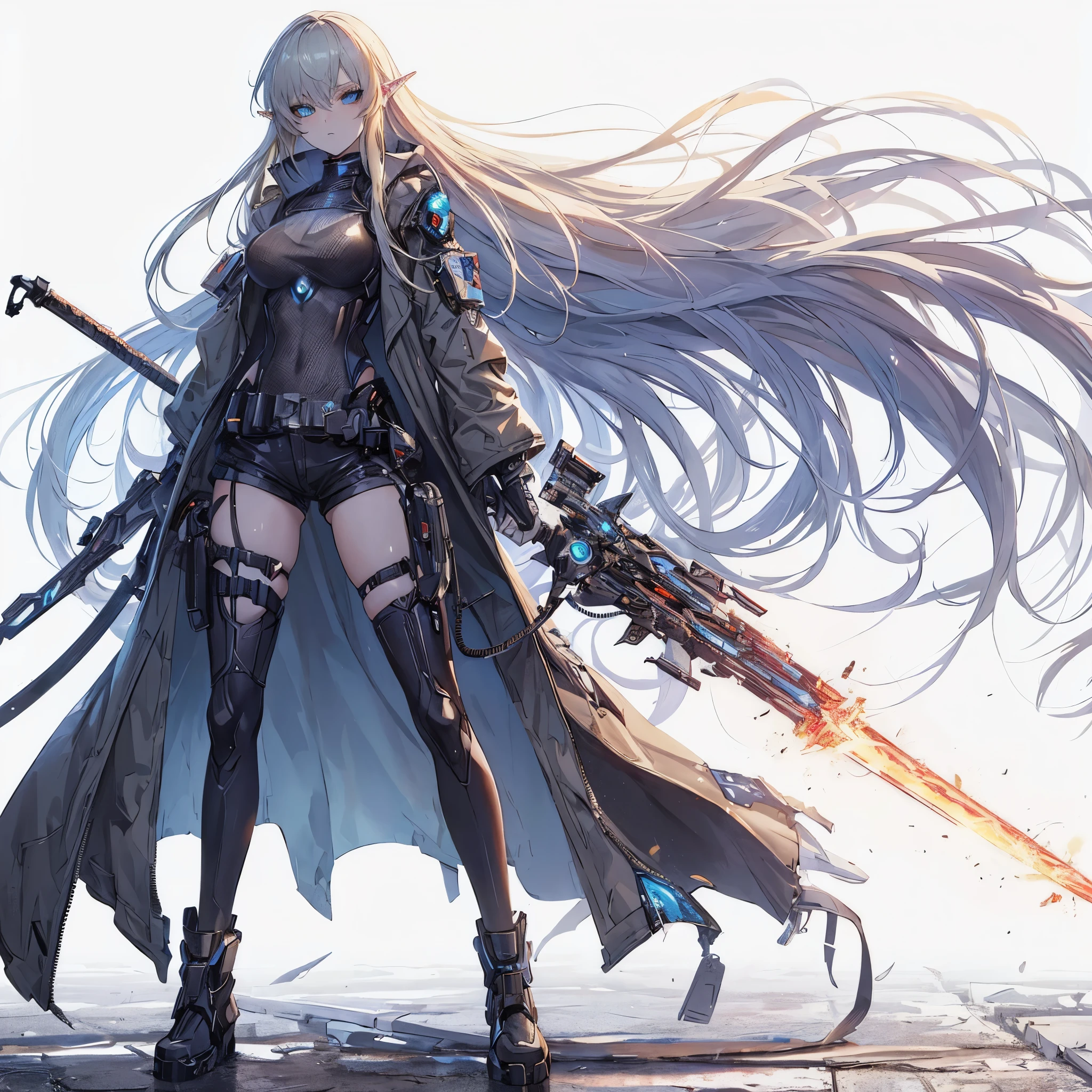 (Masterpiece, best quality), (perfect athlete body:1.2), (detailed hair), ultra-detailed, anime style, solo, full body, Cyberpunk dark elf girl, long hair, blonde eyes ((pale blue skin)) wearing long coat, shorts and long boots, holding a high-tech heat sword, digital painting, 8k high resolution, whole body, white background, standing in wasteland