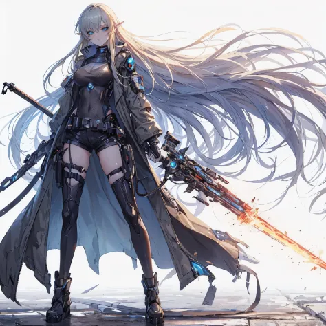 (Masterpiece, best quality), (perfect athlete body:1.2), (detailed hair), ultra-detailed, anime style, solo, full body, Cyberpunk dark elf girl, long hair, blonde eyes ((pale blue skin)) wearing long coat, shorts and long boots, holding a high-tech heat sw...