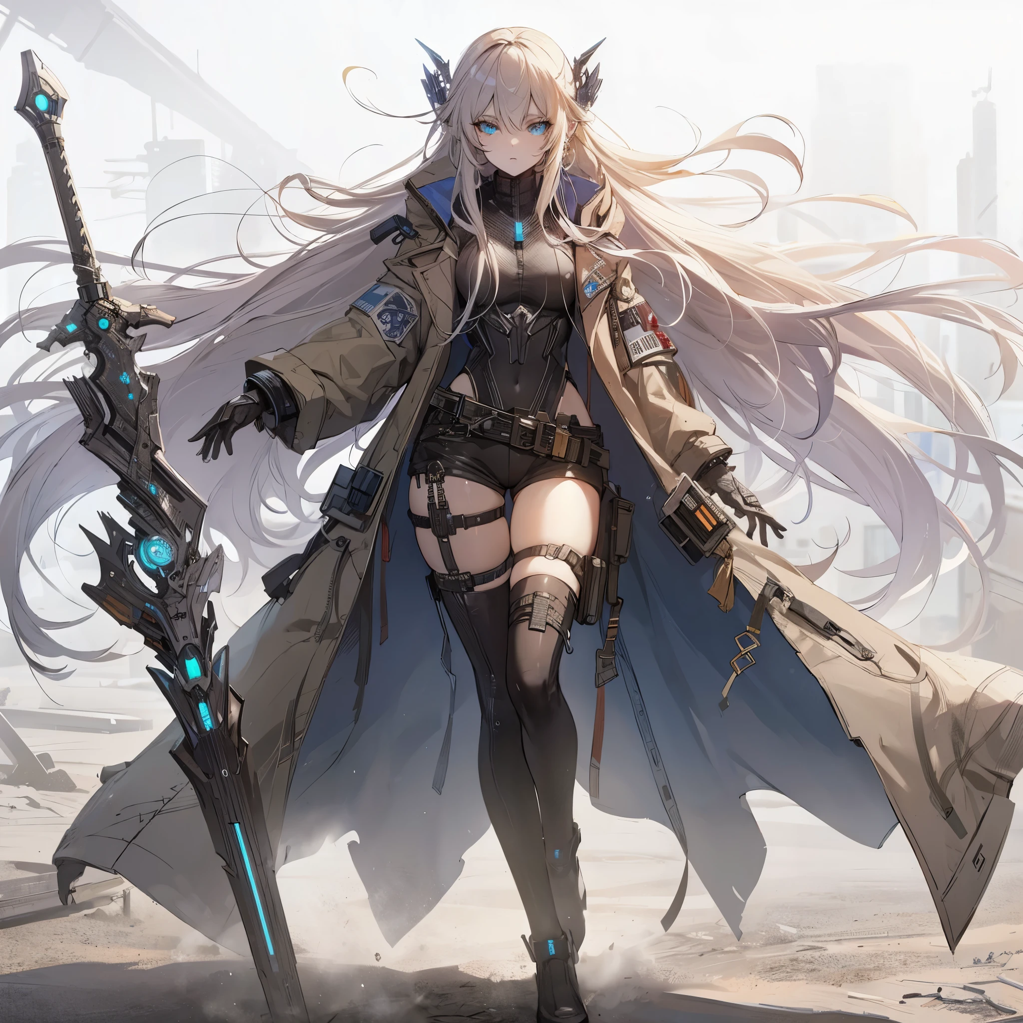 (Masterpiece, best quality), (perfect athlete body:1.2), (detailed hair), ultra-detailed, anime style, solo, full body, Cyberpunk dark elf girl, long hair, blonde eyes ((pale blue skin)) wearing long coat, shorts and long boots, holding a high-tech heat sword, digital painting, 8k high resolution, whole body, white background, standing in wasteland