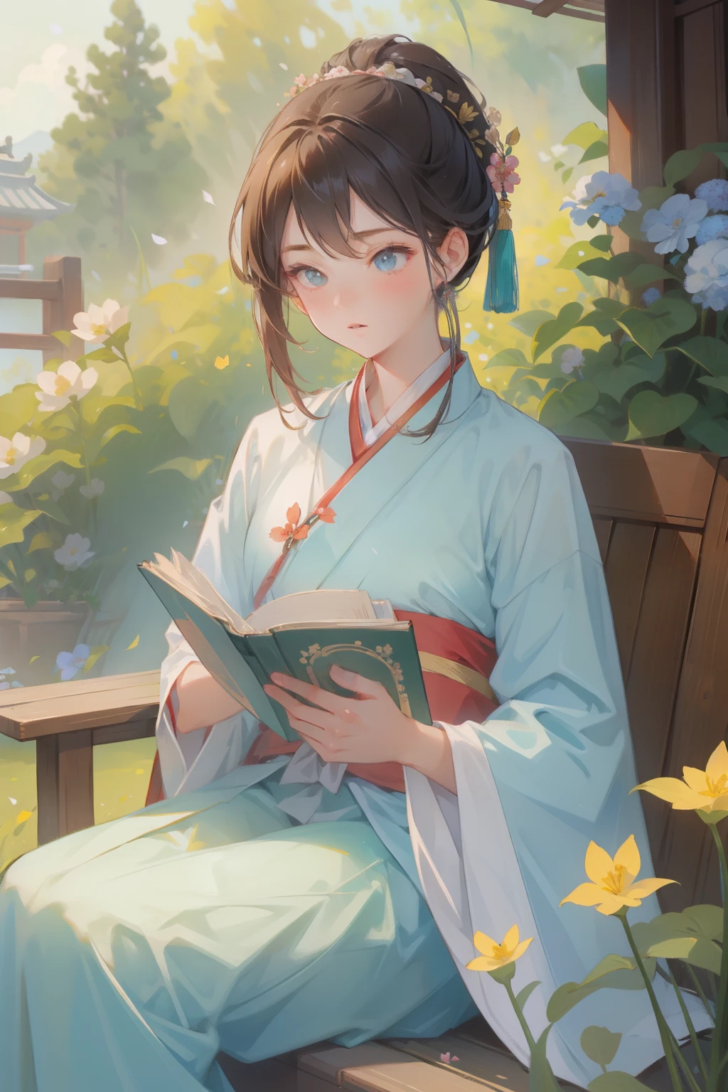 (Obra de arte), (melhor qualidade), 1 garota, 20 anos de idade, hanfu, Roupas tradicionais chinesas, sentado, lendo um livro, no Jardim, primavera, flores