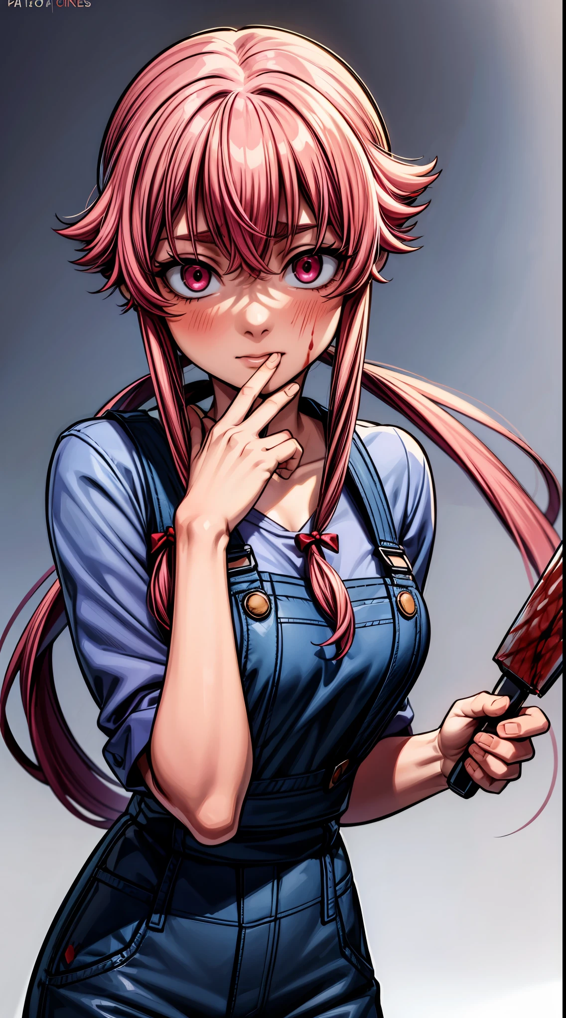 Anime girl with pink hair and blue overalls holding a comb - SeaArt AI