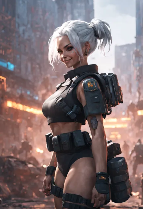 best quality, masterpiece, cyberpunk 1girl, (solo:1.1), ultra detailed,detailed face, 8k wallpaper, platinum white hair in a bun...