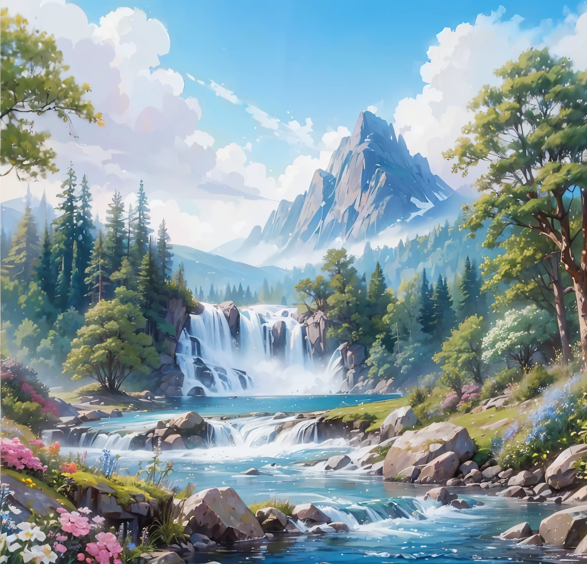 Painting of a waterfall in a mountain landscape with trees and 