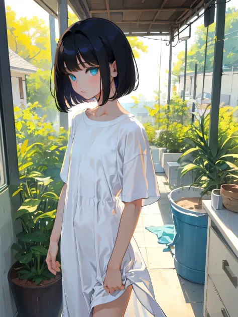 （​masterpiece，Highest Quality），(child)，((Long White T-Shirt，Thin dress))，(A dark-haired，Medium bob)，Turquoise eyes，sleepy expres...