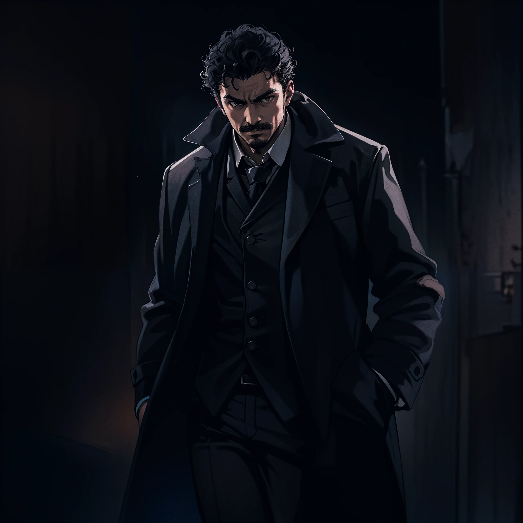 (((preto))) Detetive, man latino de 25 anos ,detective overcoat only with a preto shirt without a tie, preto pants and hair (((preto))) (((medium))) and curly and chaotic and small mustache, ((( Single hard light from top to bottom))), with your hands in your pockets , Noite , mal iluminado