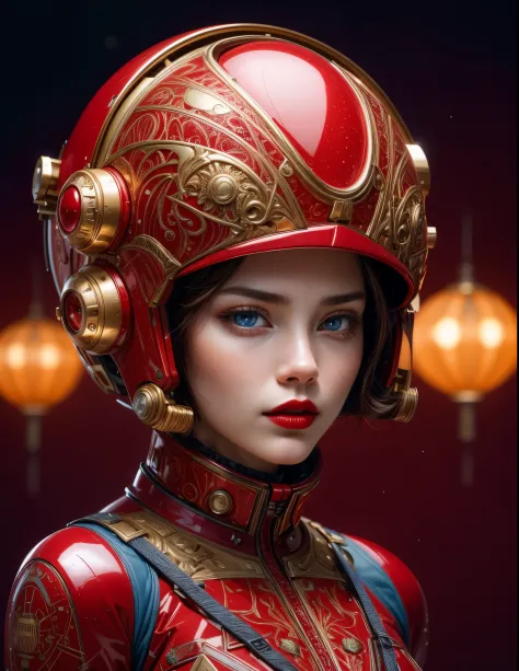 beautiful girl wearing a red hat and red lipstick, blue eyes, brown hair, portraits of women of the future, armored girl astrona...