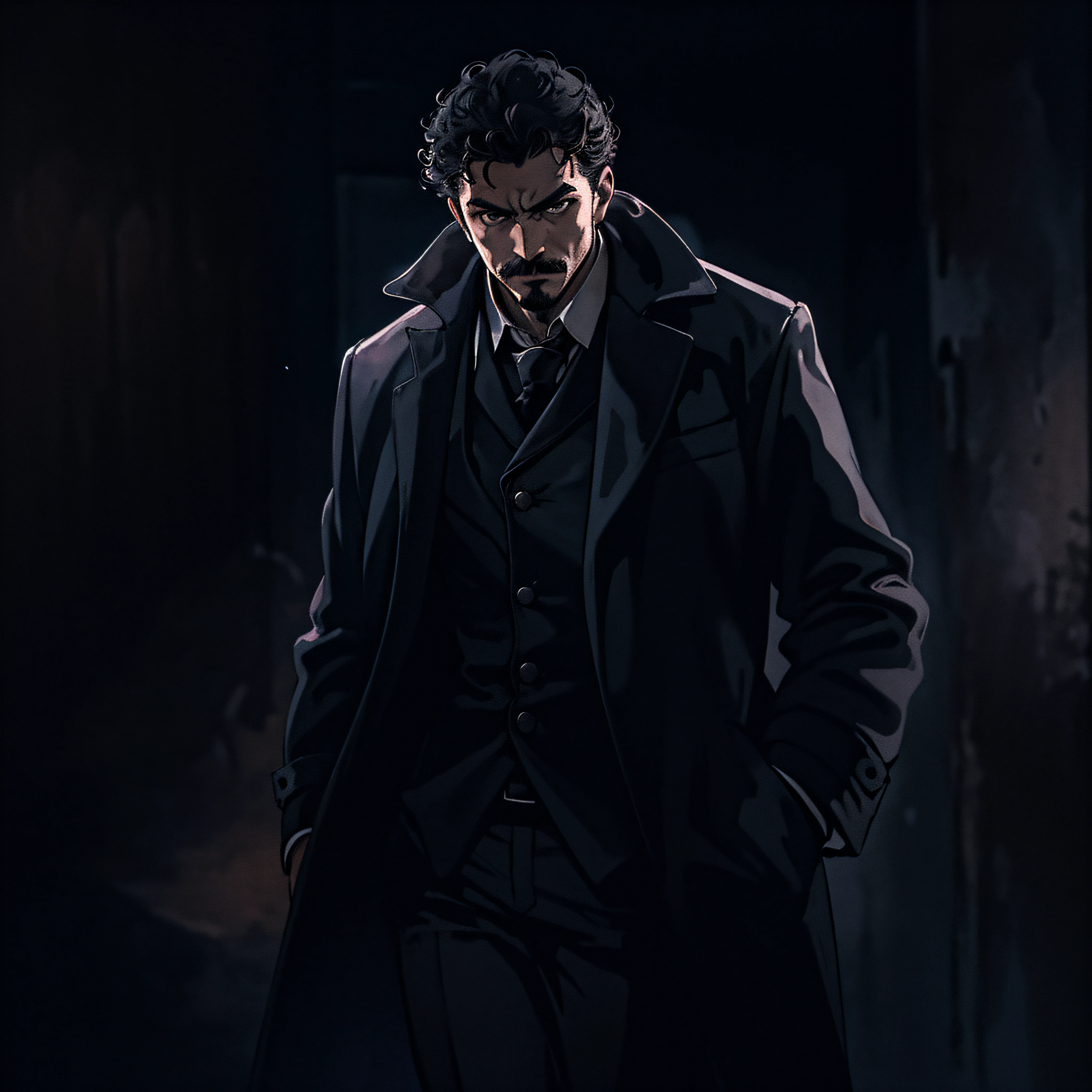 (((من أجل هذا))) المحقق, رجل لاتيني يبلغ من العمر 25 عامًا ,detective overcoat only with a من أجل هذا shirt without a tie, من أجل هذا pants and hair (((من أجل هذا))) (((واسطة))) وشارب مجعد وفوضوي وصغير, ((( ضوء صلب واحد من الأعلى إلى الأسفل))), مع يديك في جيوبك , ليلة , ضعيفة الإضاءة