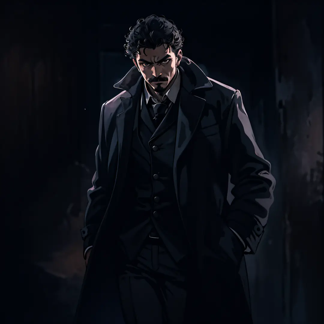 (((preto))) Detetive, man latino de 25 anos ,detective overcoat only with a preto shirt without a tie, preto pants and hair (((p...