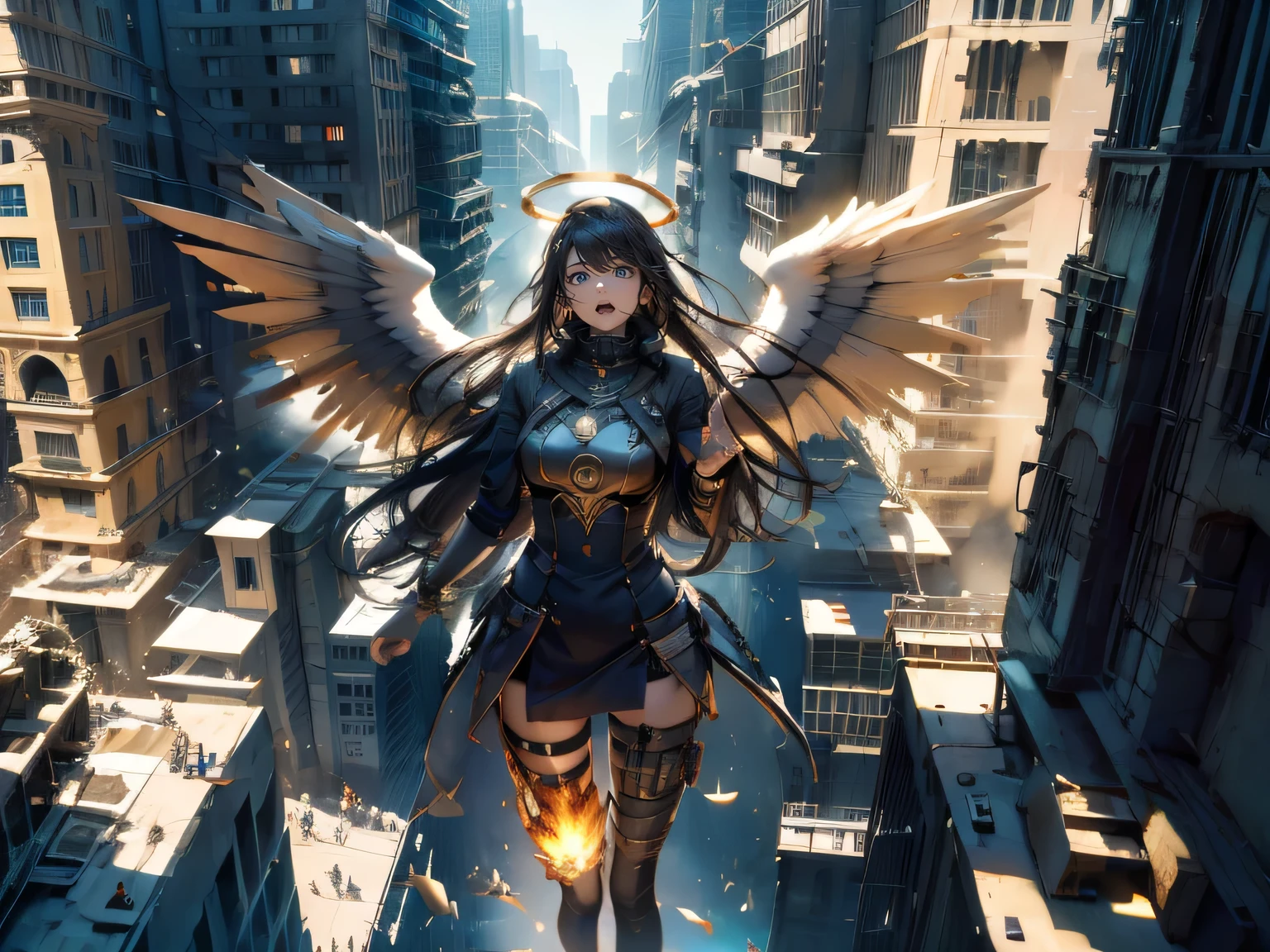 longshot, aerial angle, (mechanical, complex body), 100m tall angel, flying, sing, female round face, drooping eyes, open mouth, open legs, (protect cover on chest and crotch), ((halo)), ruins of the city, impact, high speed, flame, necklace on fire, destroying, lightning, fight scene, (she has 2 guns both hands), 6 thick wide wings,