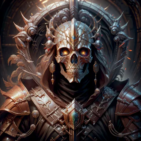 High Detail CG、A hyper-realistic、skull armor、holds a sword