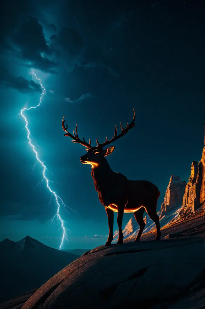 black light art, a stag, glowing horn, (on the mountain top:1.4), composed of elements of thunder, thunder, electricity, look up...