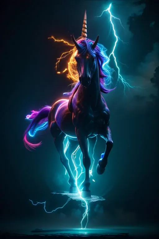 Black Light Art, a unicorn, glowing horn, composed of elements of thunder, thunder, electricity, electric elements, lightning ar...