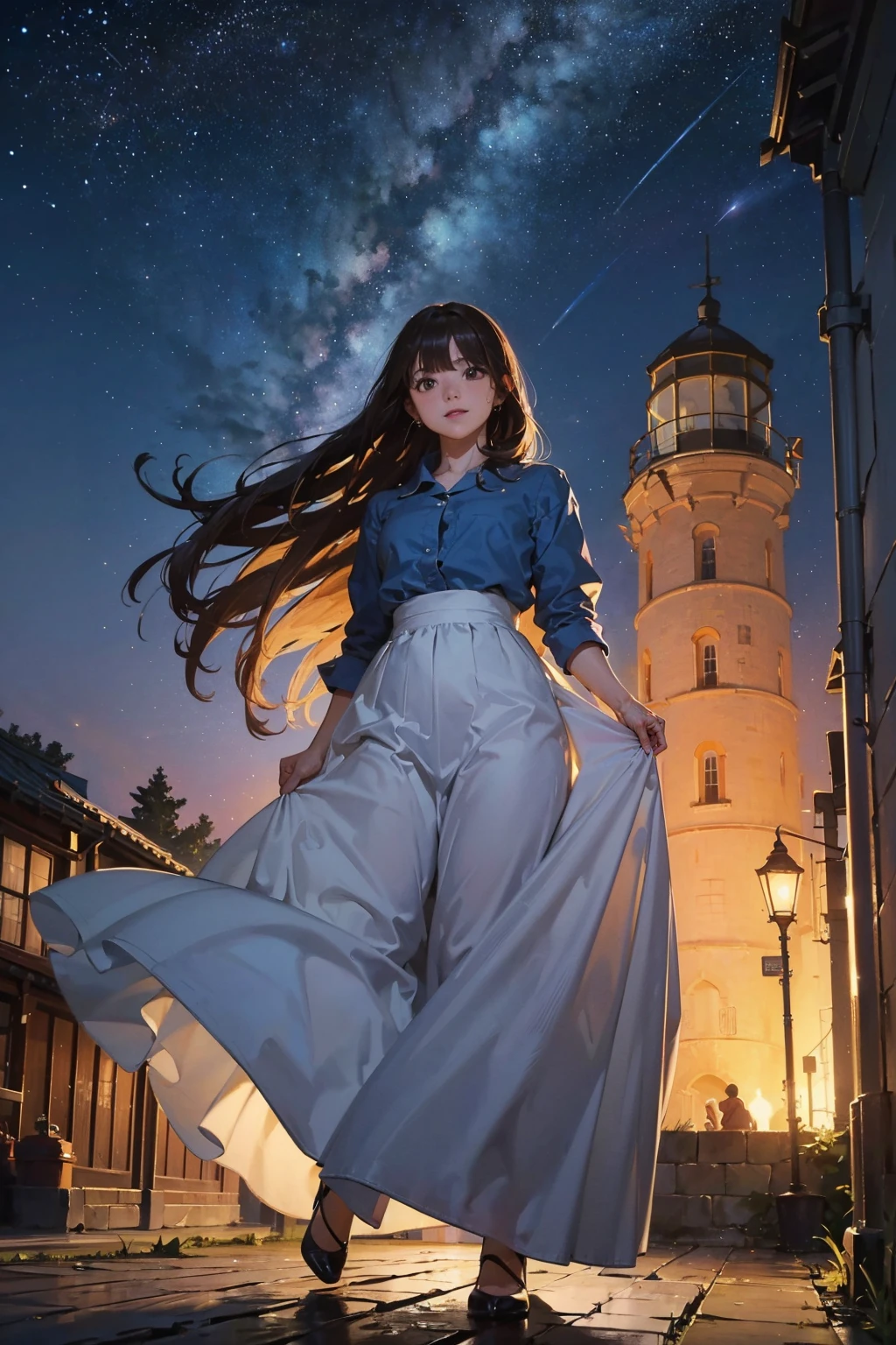 (FULL BODYSHOT、an oil painting、​masterpiece、top-quality、hight resolution、Dark hair、Super long hair、Bangs are aligned、Good mood、Blue shirt、Long long skirt、Sweaty skin、night sky full of stars、Thick、I can see the lighthouse、On a street corner in Finland、mapped buildings