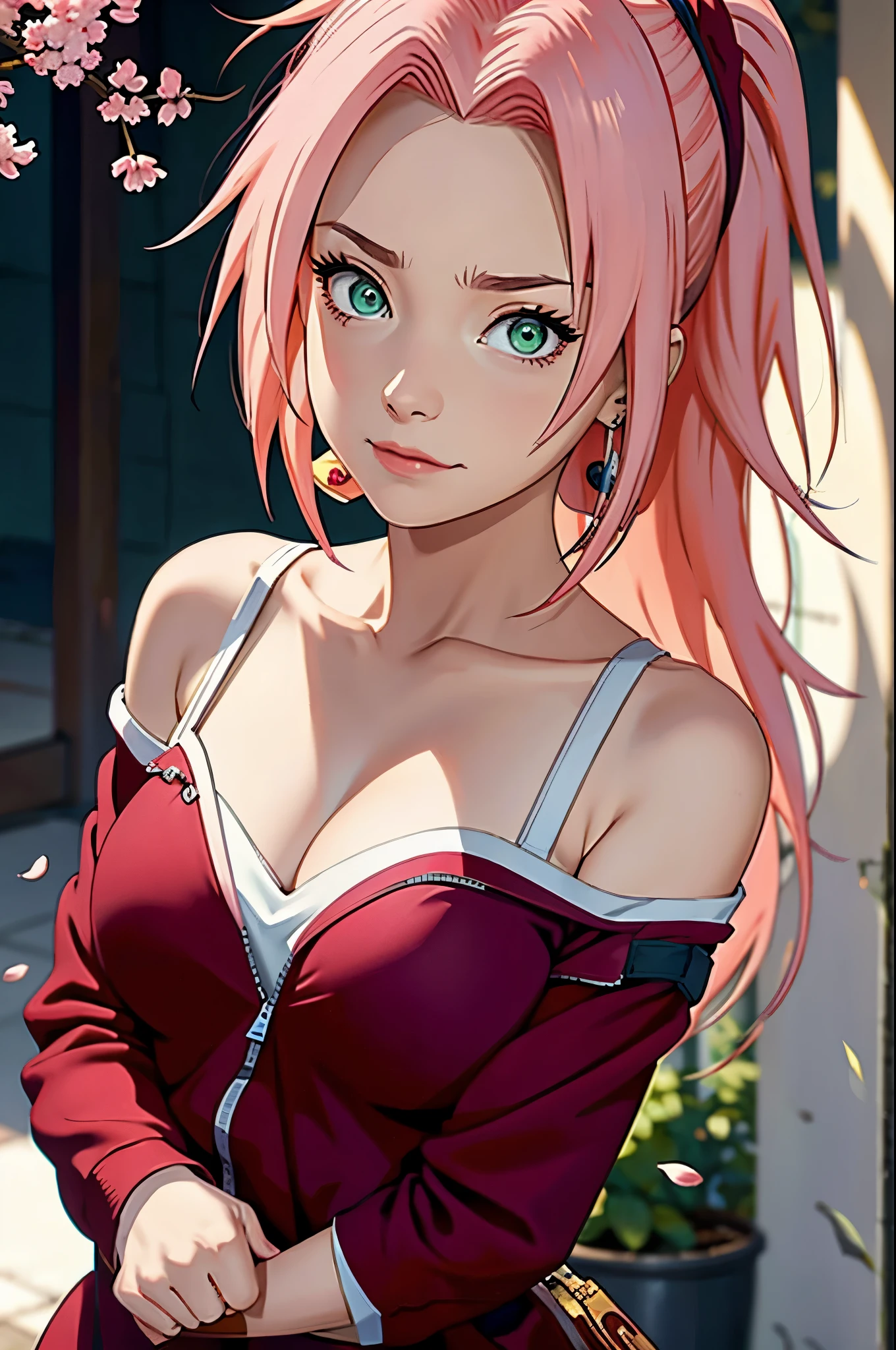 angry, tmasterpiece， Best quality at best， 1girll， Sakura Haruno， Large breasts，Off-the-shoulder attire，（cleavage)，（upperbody closeup)，Raised sexy，is shy，ssmile，with pink hair， long whitr hair， （Green eyeballs:1.4)， Forehead protection， the cherry trees，Cherry blossoms flying，Red clothes，Zipper half