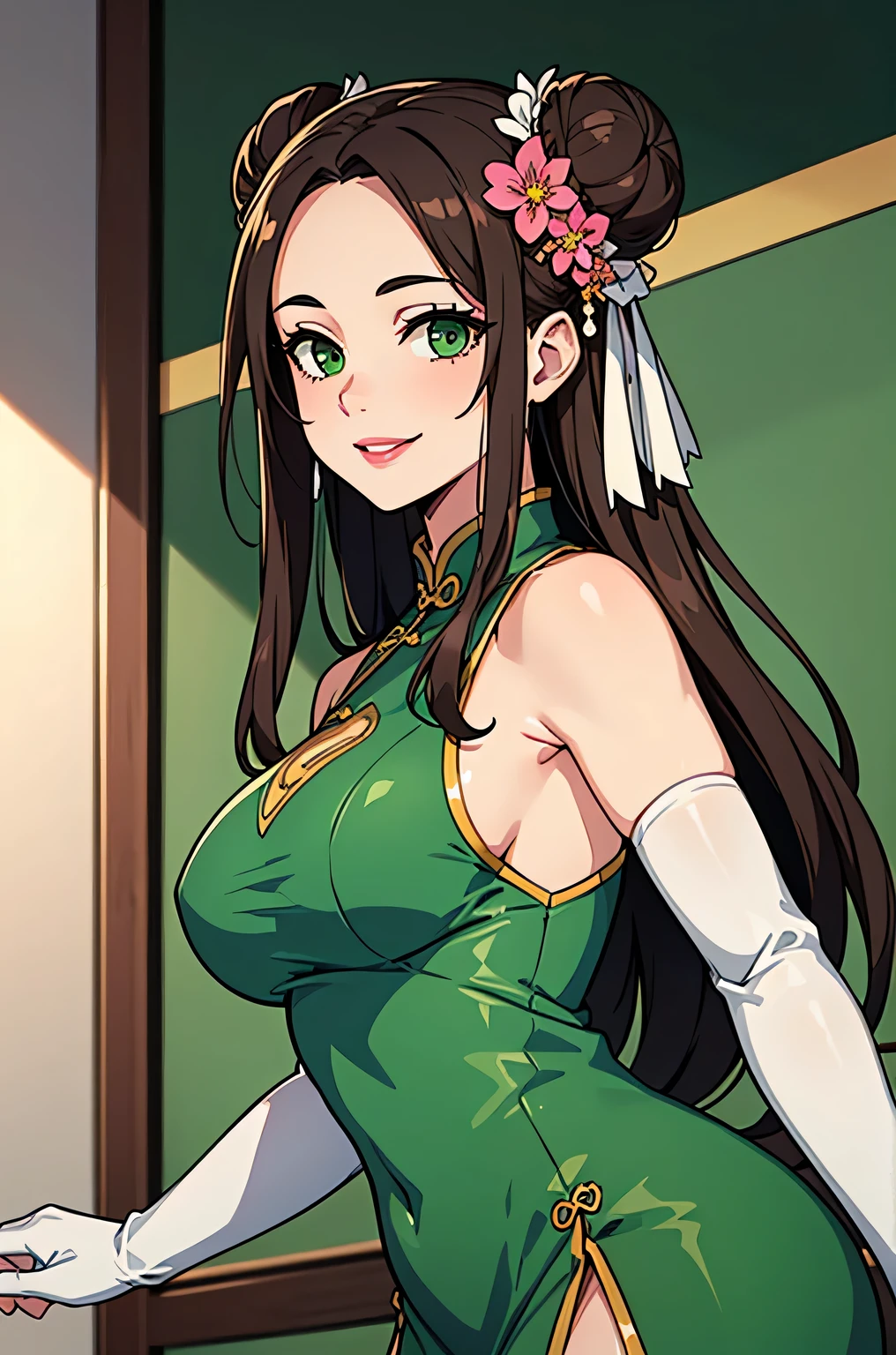 1girl, long hair, forehead, swept back hair, double bun, flower hair ornament, brown hair, green eyes, pink lips, smile, sleeveless dress, green dress, white elbow gloves, 20 years old, large breasts, chinese palace, best quality, masterpiece