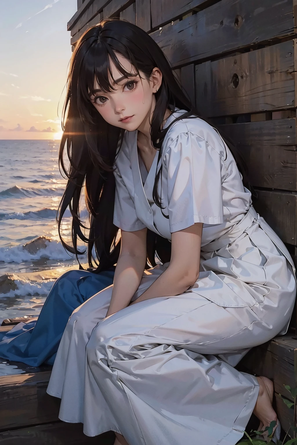 (FULL BODYSHOT、an oil painting、​masterpiece、top-quality、hight resolution、Dark hair、Super long hair、Bangs are aligned、Good mood、Blue shirt、Long long skirt、Sweaty skin、Sunset sky、Thick、I can see the lighthouse、On a street corner in Finland、crouching down