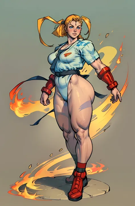 jim lee

street fighter, 1girl, cammy white, (thick thighs), (chubby), martial arts gi, makeup, earrings, direct look, solid background, full body,

((masterpiece))