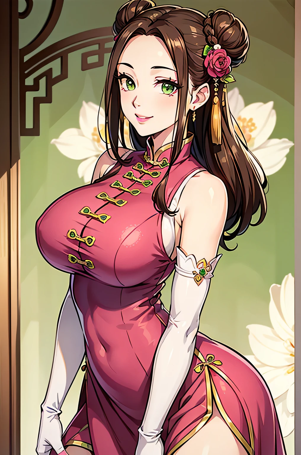 1girl, long hair, forehead, swept back hair, double bun, flower hair ornament, brown hair, green eyes, pink lips, smile, sleeveless dress, green dress, white elbow gloves, 20 years old, large breasts, chinese palace, best quality, masterpiece