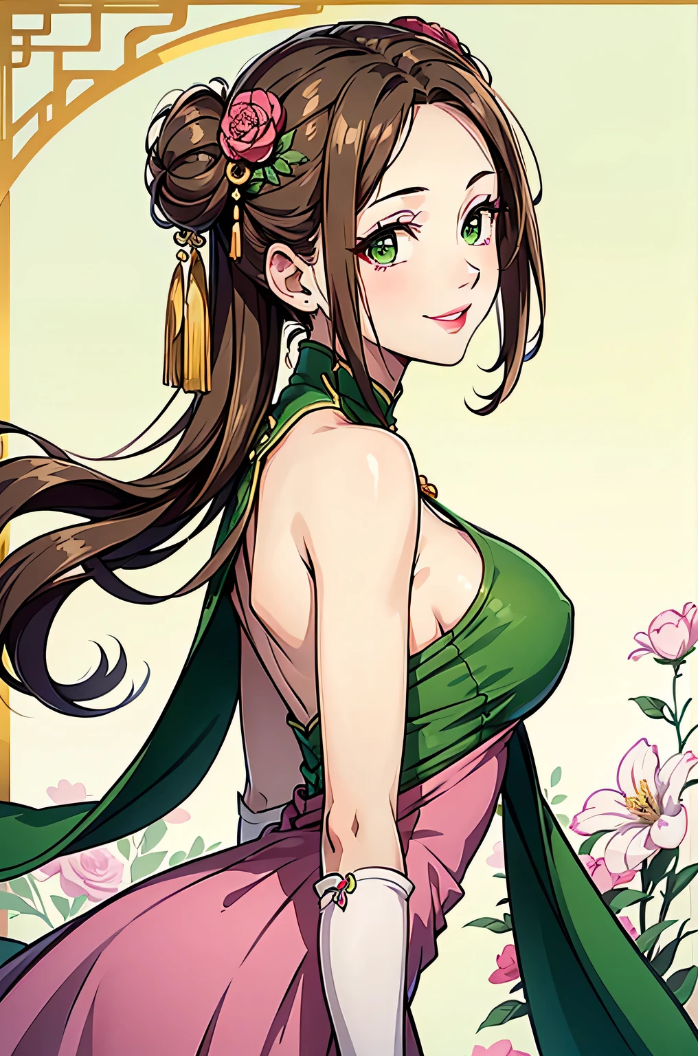 1girl, long hair, forehead, swept back hair, double bun, flower hair ornament, brown hair, green eyes, pink lips, smile, sleeveless dress, green dress, white elbow gloves, 20 years old, large breasts, chinese palace, best quality, masterpiece