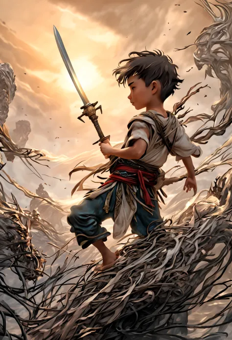 Young boy waving sword，The wind behind me is full of immortality，8K, high detal, hyper-detailing,The scene details are very rich...