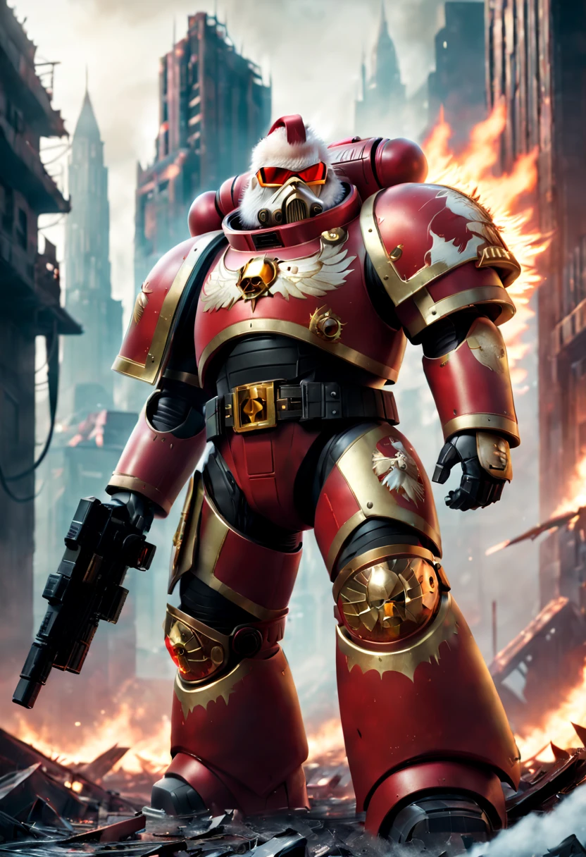 Warhammer 40K universe，santa claus，Mechanical suit of red and gold armor，sparkly red color sunglasses，Intense war-like environment，Destroyed buildings and flames，The background is a futuristic cityscape，Santa hat，severe and threatening atmosphere，Sci-fi cyberpunk aesthetics，High contrast and desaturated tones，Dramatic and dynamic lighting effec quality,4k,highres,masterpiece:1.2),ultra-detailed,(realistic,photorealistic,photo-realistic:1.37)