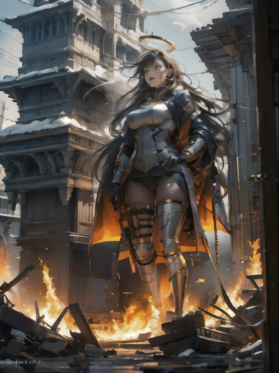 looking away, aerial angle, (mechanical, complex body), (100m tall goddess), female round face, drooping eyes, open mouth, open legs, (protect cover on chest and crotch), ((halo)), ruins of the city, impact, high speed, flame, necklace on fire, destroying, lightning, ((fight scene, fighting pose)), anger