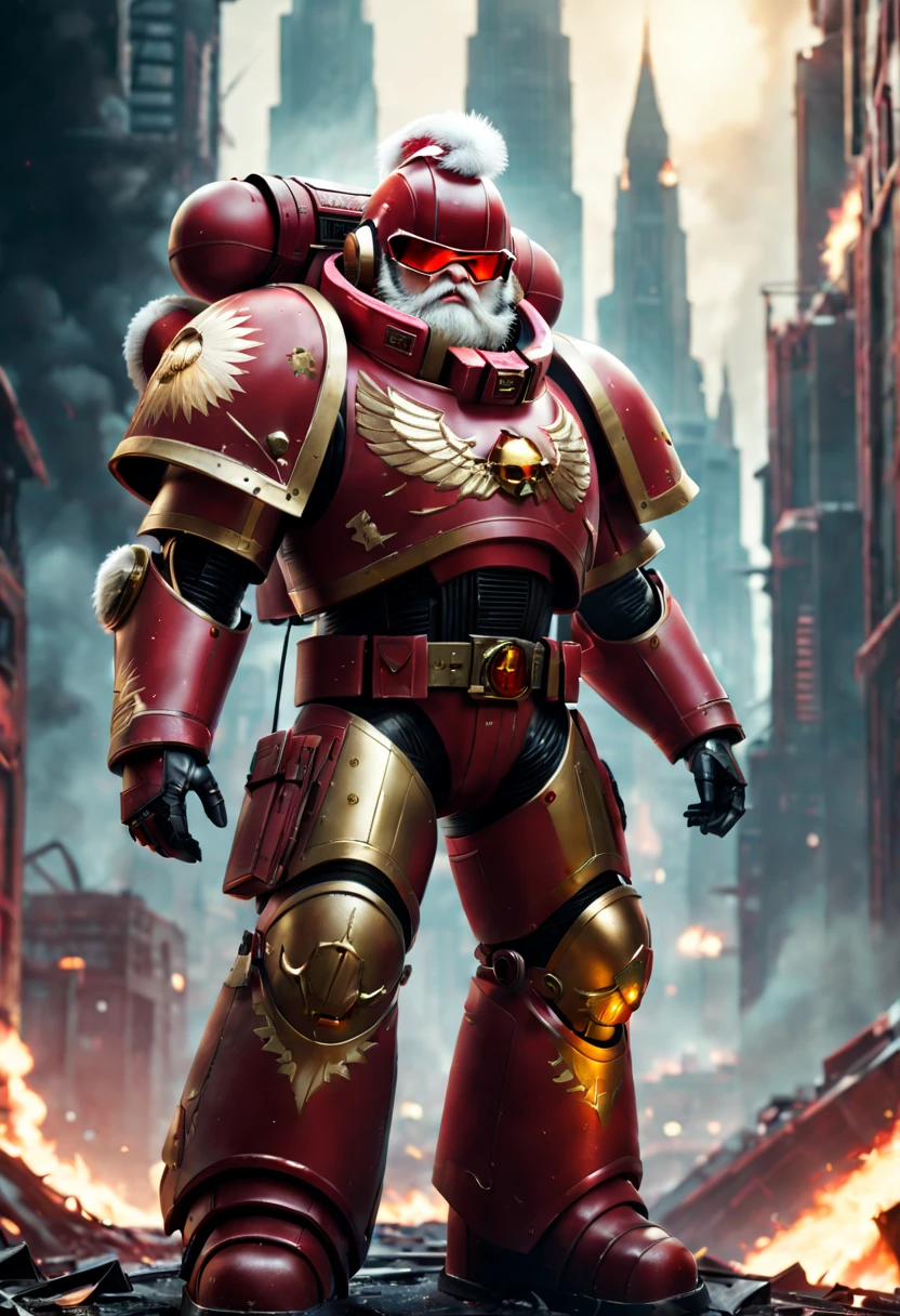 Warhammer 40K universe，santa claus，Mechanical suit of red and gold armor，sparkly red color sunglasses，Intense war-like environment，Destroyed buildings and flames，The background is a futuristic cityscape，Santa hat，severe and threatening atmosphere，Sci-fi cyberpunk aesthetics，High contrast and desaturated tones，Dramatic and dynamic lighting effec quality,4k,highres,masterpiece:1.2),ultra-detailed,(realistic,photorealistic,photo-realistic:1.37)