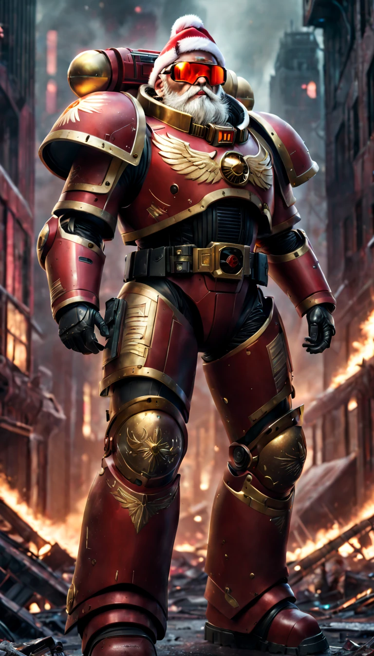 Warhammer 40K universe，santa claus，Mechanical suit of red and gold armor，sparkly red color sunglasses，Intense war-like environment，Destroyed buildings and flames，The background is a futuristic cityscape，Santa hat，severe and threatening atmosphere，Sci-fi cyberpunk aesthetics，High contrast and desaturated tones，Dramatic and dynamic lighting effec quality,4k,highres,masterpiece:1.2),ultra-detailed,(realistic,photorealistic,photo-realistic:1.37)