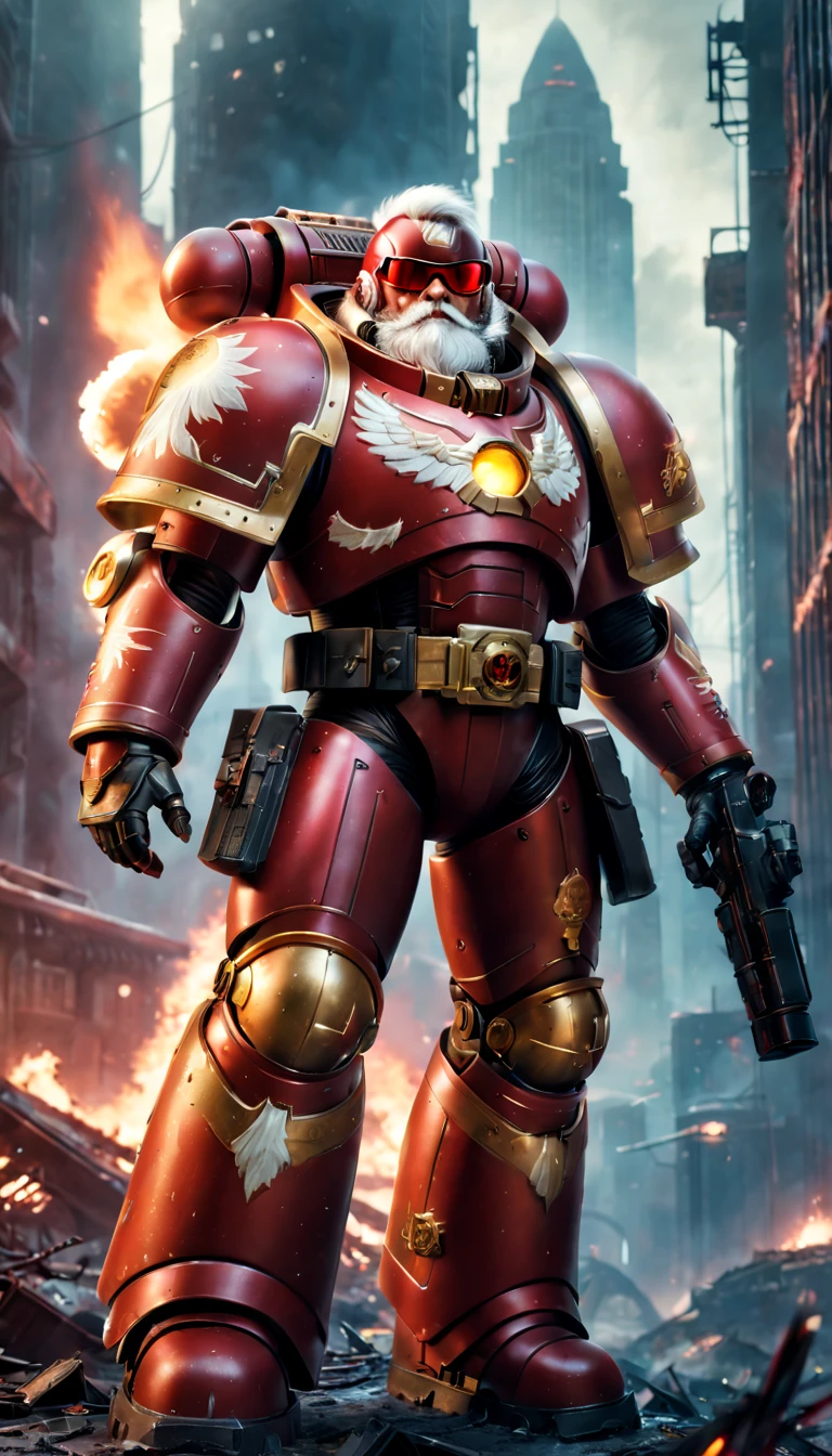 Warhammer 40K universe，santa claus，Mechanical suit of red and gold armor，sparkly red color sunglasses，Intense war-like environment，Destroyed buildings and flames，The background is a futuristic cityscape，Santa hat，severe and threatening atmosphere，Sci-fi cyberpunk aesthetics，High contrast and desaturated tones，Dramatic and dynamic lighting effec quality,4k,highres,masterpiece:1.2),ultra-detailed,(realistic,photorealistic,photo-realistic:1.37)