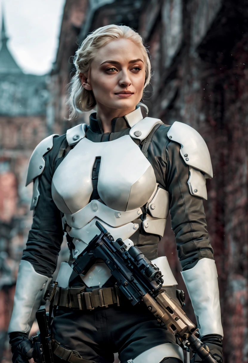 torso shot, facing front, best quality, masterpiece, cyberpunk Sophie Turner as 1girl, (solo:1.1), ultra detailed,detailed face, 8k wallpaper, platinum white hair in side cut fashion, wide hips, smile, military female soldier with gear of war, city background, smoke and rubbles, by gustav klimt , atey ghailan, by greg rutkowski, by greg tocchini, by james gilleard, by joe fenton, by kaethe butcher, gradient blue,  green and purple color scheme