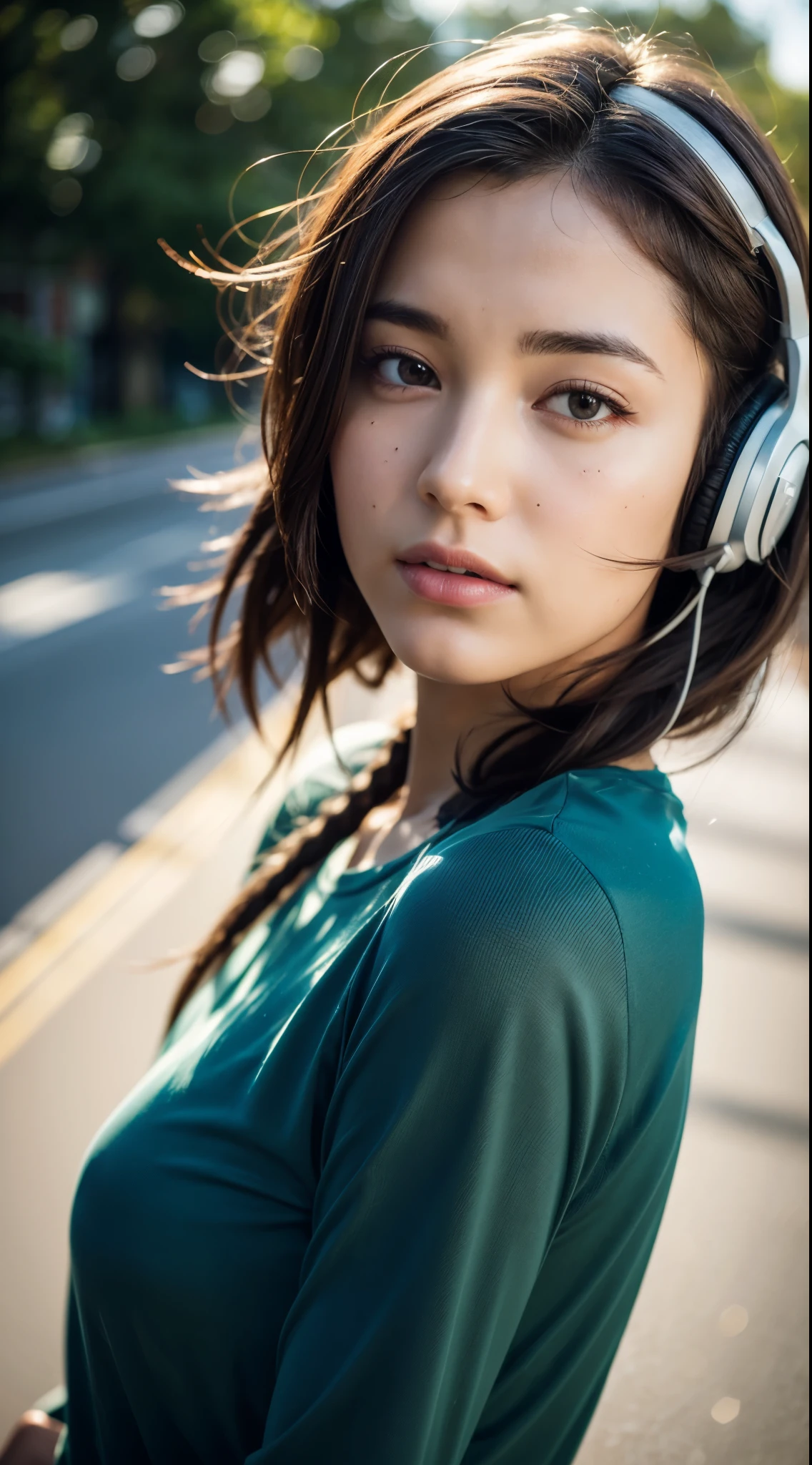 Arafed Woman With Headphones Standing On A Street Corner - Seaart Ai