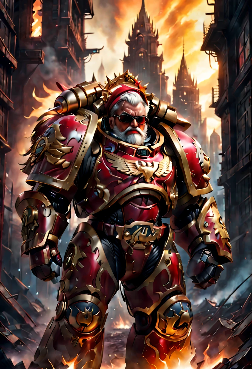 Warhammer 40K universe，santa claus，Mechanical suit of red and gold armor，sparkly red color sunglasses，Intense war-like environment，Destroyed buildings and flames，The background is a futuristic cityscape，Santa hat，severe and threatening atmosphere，Sci-fi cyberpunk aesthetics，High contrast and desaturated tones，Dramatic and dynamic lighting effec quality,4k,highres,masterpiece:1.2),ultra-detailed,(realistic,photorealistic,photo-realistic:1.37)