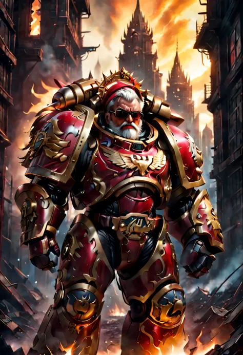 warhammer 40k universe，santa claus，mechanical suit of red and gold armor，sparkly red color sunglasses，intense war-like environme...