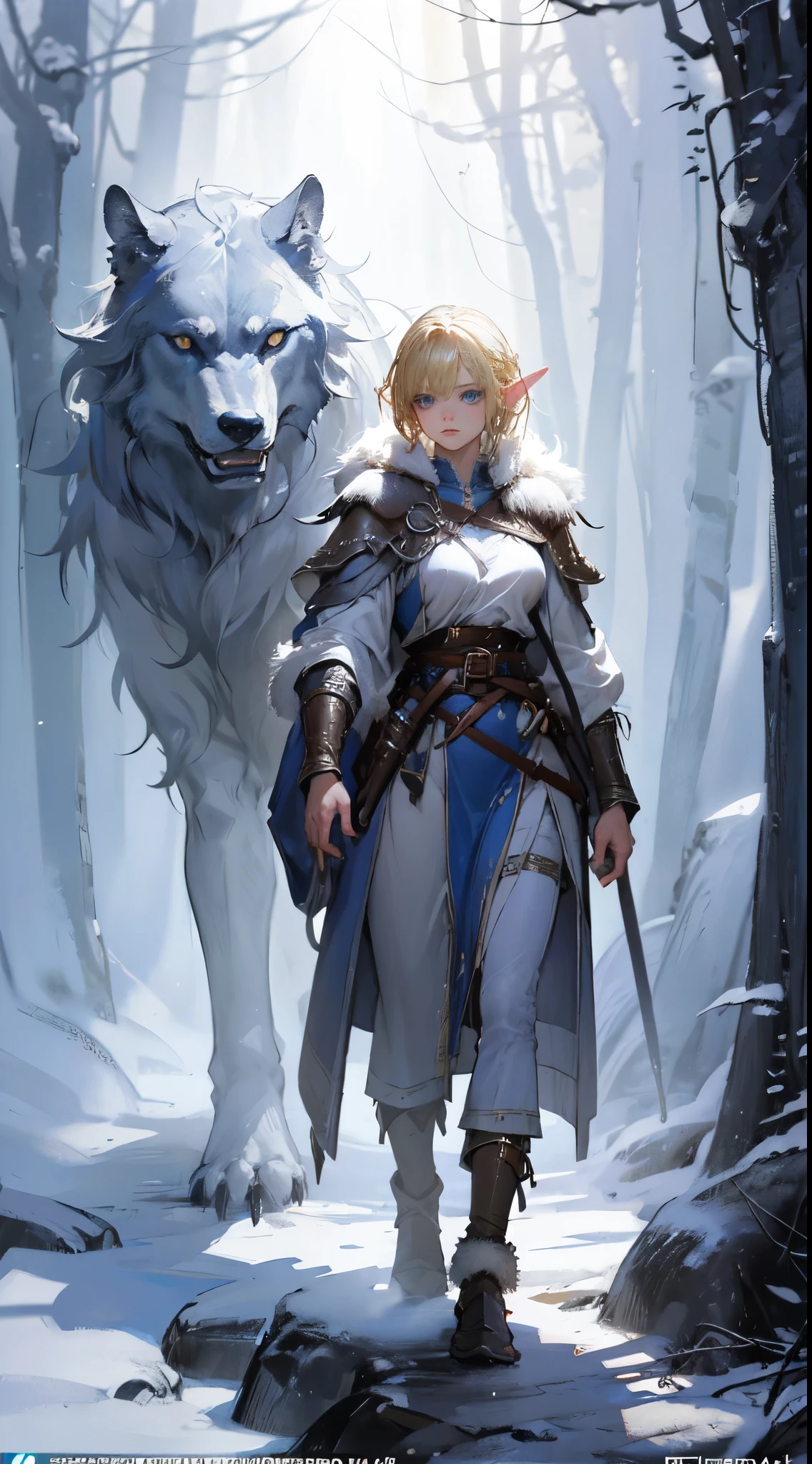 ((masterpiece, best quality)), viking elf girl, fantasy, Stand with wolf, aaa art, design by aykut aydogdu, whistlerian, high resolution, john larriva, mottled, full body, concept art, painting, sparth. BREAK, (elf:1.2), 1girl, solo, (Blonde Hair:1.15), Blunt bangs, (hair between eye), Blue Eyes, (beautiful detailed face:1.2)，art style by Artgerm, by Wadim kashin, by Kawacy, BREAK, 1pet, wolf, fluffy, big, White fur, BREAK, ((ancient viking clothes))，big breast, long black glovelack pantyhoses， standing with white boots, BREAK, extremely detailed, dynamic angle, cowboyshot, the most beautiful form of chaos, elegant, a brutalist designed,