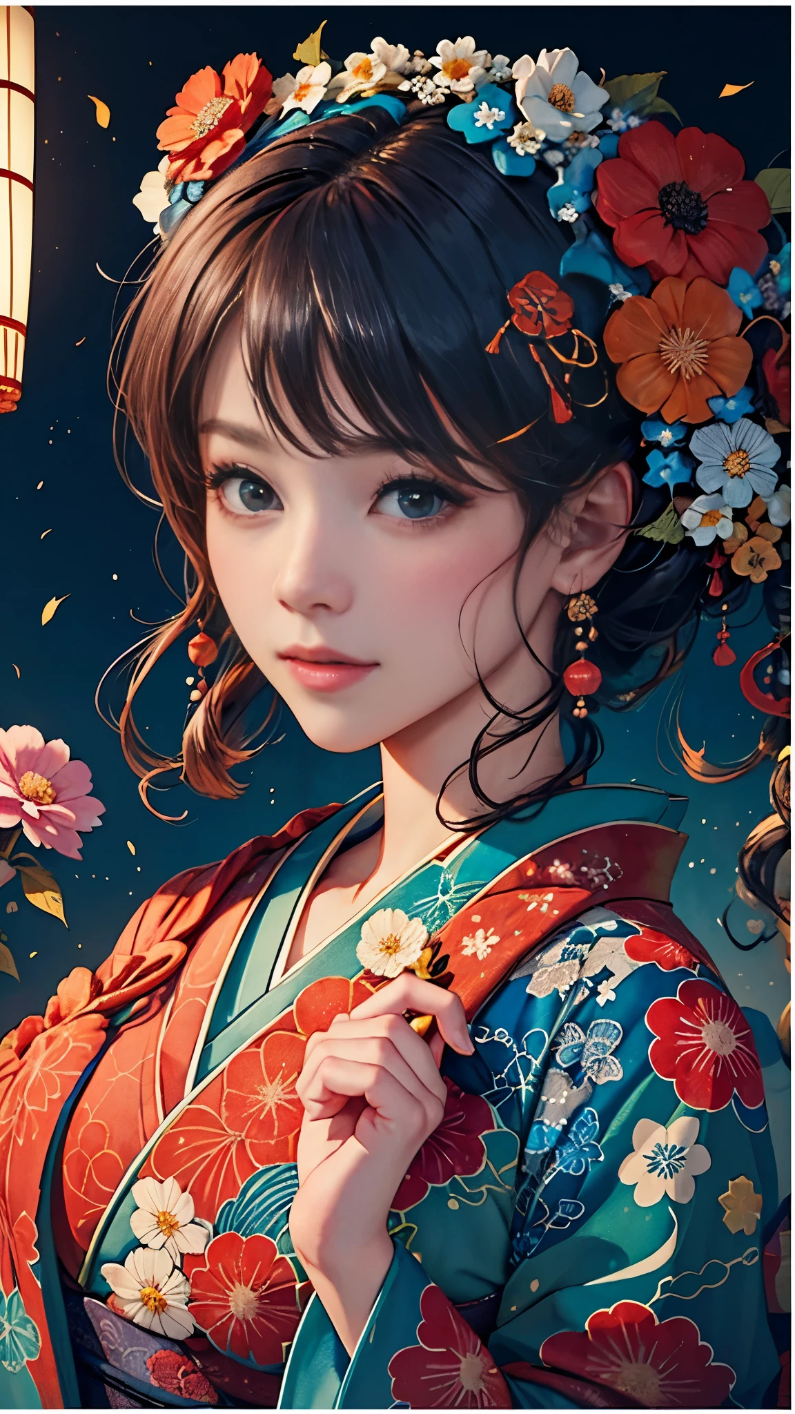 8K, top-quality, hight resolution, Bishoujo 1 25 years old,  Flower steamed buns,A slight smil, (traditional Japanese kimono:1.3)、Luxury kimono、no wrinkles at all,watercolor paiting, (Flower hair ornament:1.3)