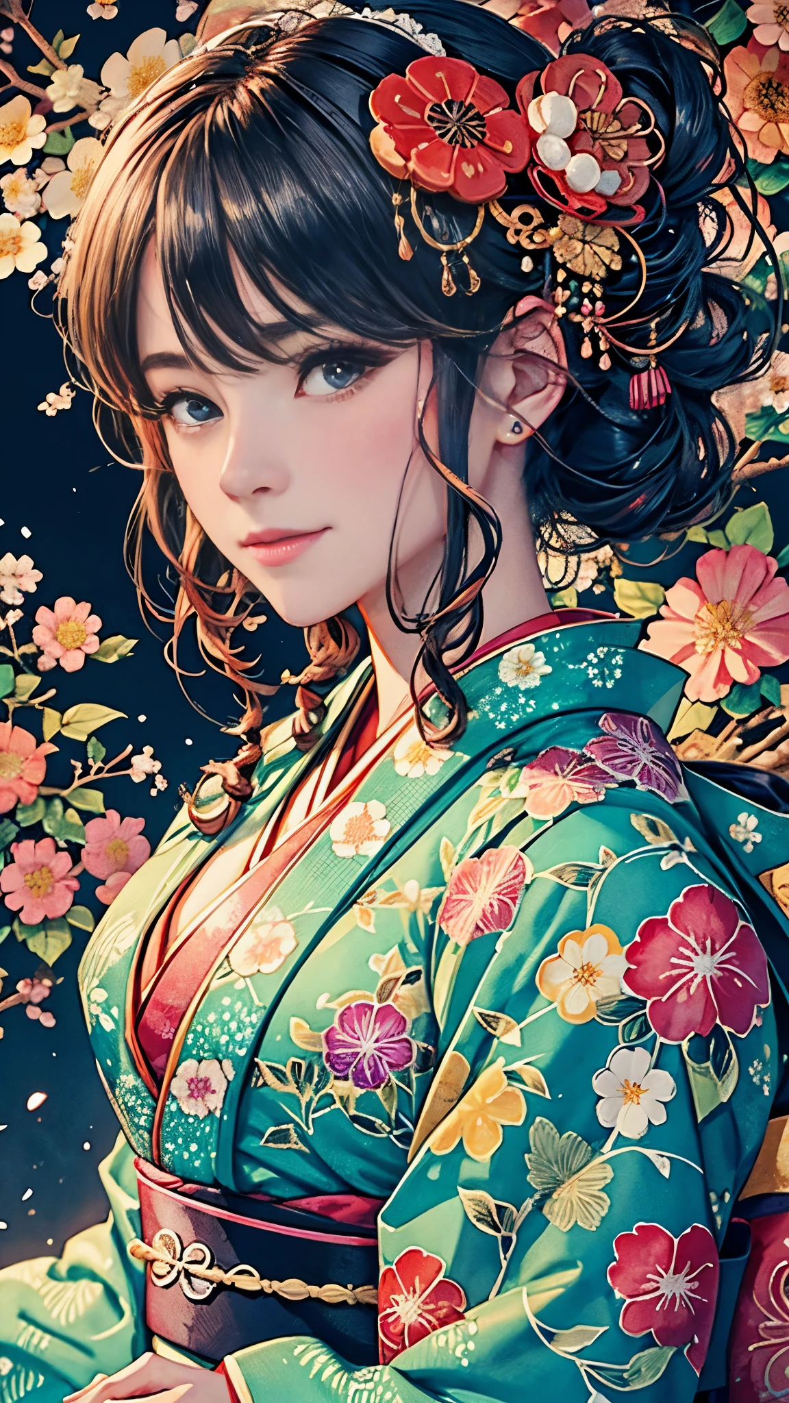 8K, de primera calidad, alta resolución, Chica hermosa 1 2,  Bollos de flores al vapor,una leve sonrisa, (kimono japonés tradicional:1.3)、kimono de lujo、sin arrugas en absoluto,pintura de acuarela, (adorno de pelo de flores:1.3)