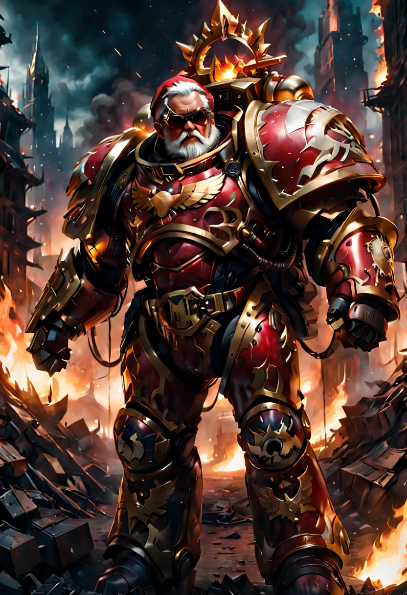 Warhammer 40K universe，Knight armor santa claus，Mechanical suit of red and gold armor，Santa hat，sparkly red color sunglasses，Intense war-like environment，Destroyed buildings and flames，The background is a futuristic cityscape，severe and threatening atmosphere，Sci-fi cyberpunk aesthetics，High contrast and desaturated tones，Dramatic and dynamic lighting effec quality,4k,highres,masterpiece:1.2),ultra-detailed,(realistic,photorealistic,photo-realistic:1.37)